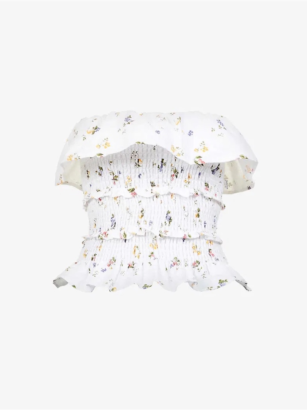 Reformation White Smocked Off-Shoulder Floral Crop Top